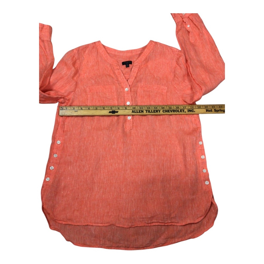 Talbots 100% Linen Tunic Blouse Orange Roll Tab Sleeve Sz MP Side Button Details - Picture 7 of 9